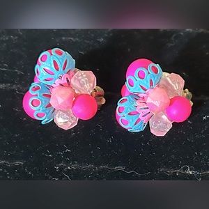Barbie style pink clip on earrings vintage pink and blue beaded